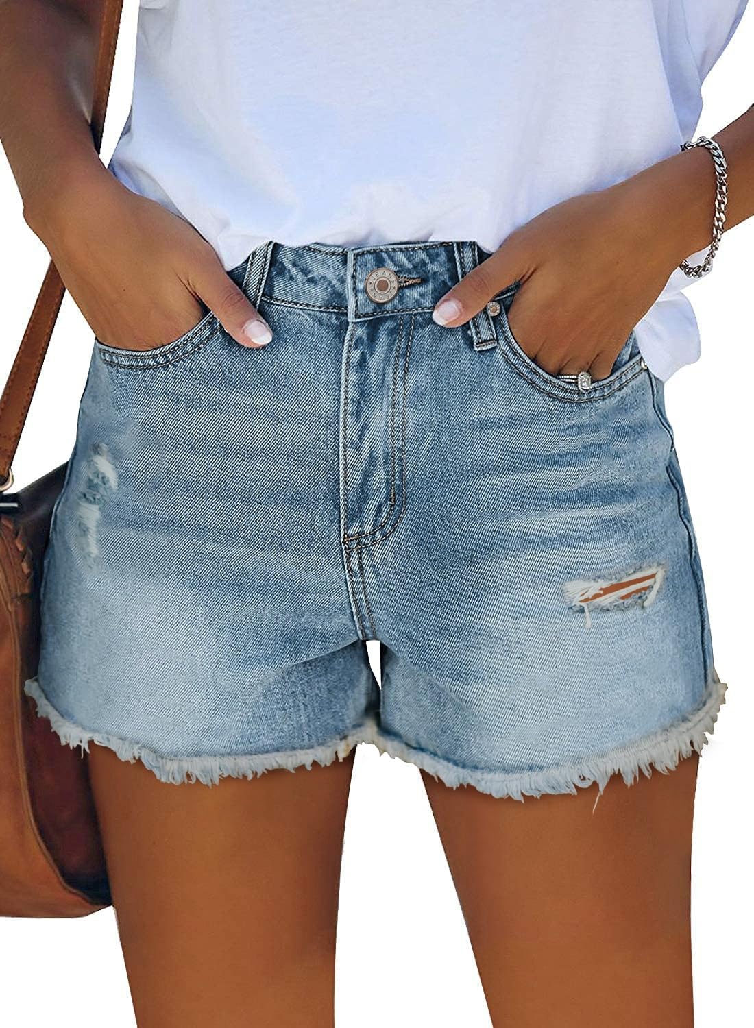 onlypuff Jean Shorts for Women Frayed Cut Off Denim Short High Waisted Ripped Distressed Mid Rise Trendy Summer Outfits