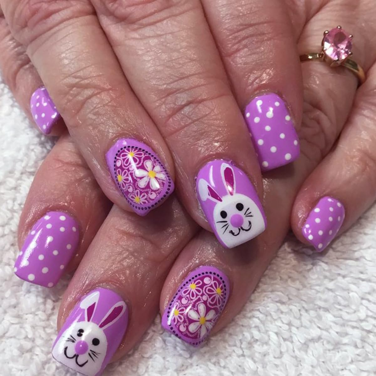 Purple Easter Press on Nails Short Square Fake Nails Cute Bunny Stick on Nail Flower Egg Designs Glossy Acrylic False Nails White Polka Dot Glue on