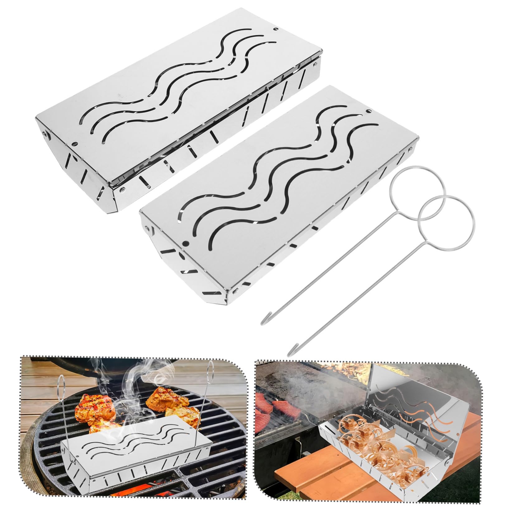 Scatole da Affumicatura per Barbecue 2 Pezzi in Acciaio Inox Argento | Compatibili con Trucioli di Legno, Uso su Griglia a Gas o Carbone, Formato Compatto per Cottura All’aperto
