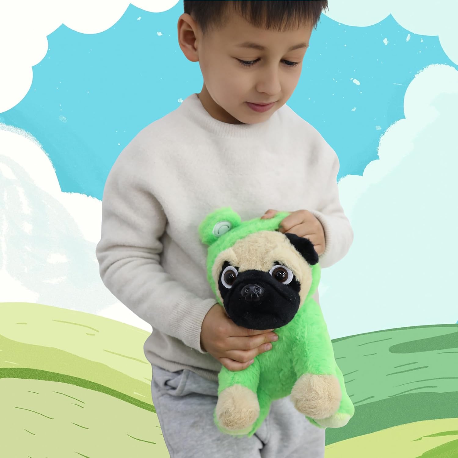 Pug Frog Stuffed Animal Dog Wearing Frog Costume Plushies Pug Puppy Dressed as Green Froggy Funny Plush Toys Stuffed Puppy Animals for Kids and Lovers 12 Inch - view 3