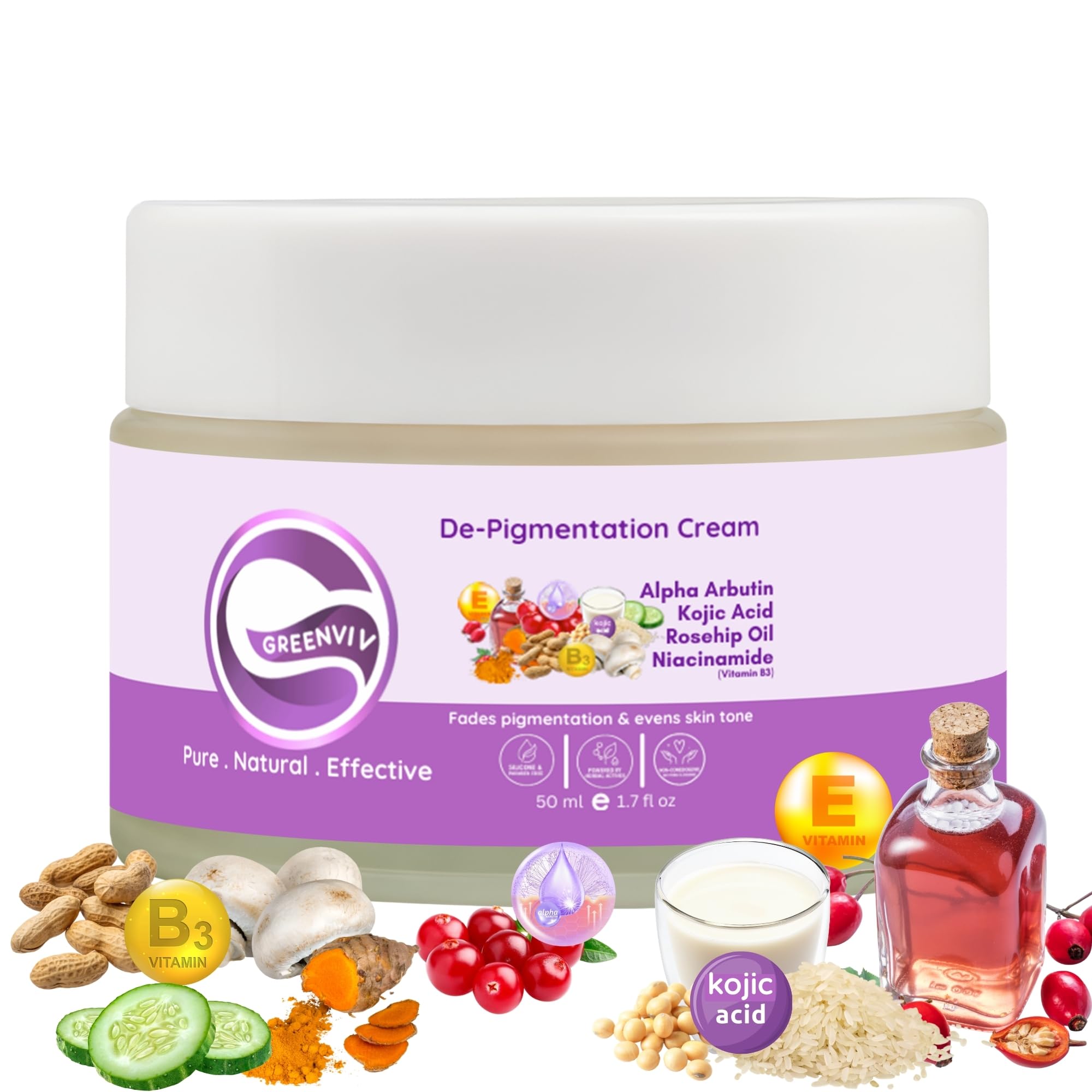 Greenviv Kojic Acid Face Cream for Dark Spots & Pigmentation, Reduces Dark Spots & Evens Skin Tone with Alpha Arbutin & Niacinamide | Non-Comedogenic | 50 ml