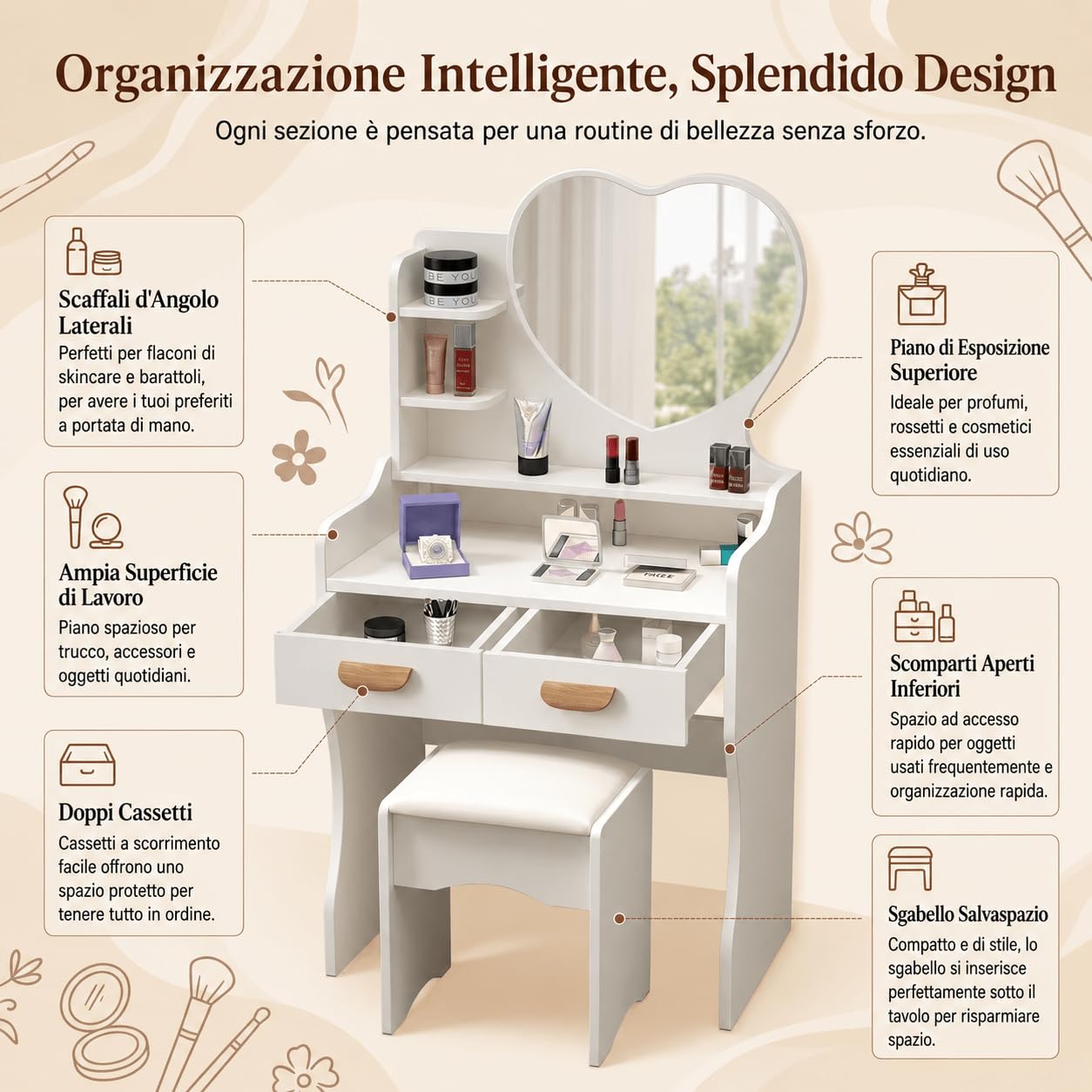 Toeletta da Trucco con Specchio a Cuore e Sgabello Incluso 59x35x118cm - Tavolo Make-up Bianco con 2 Cassetti e Mensole Portaoggetti, Specchiera per Camera da Letto e Cameretta