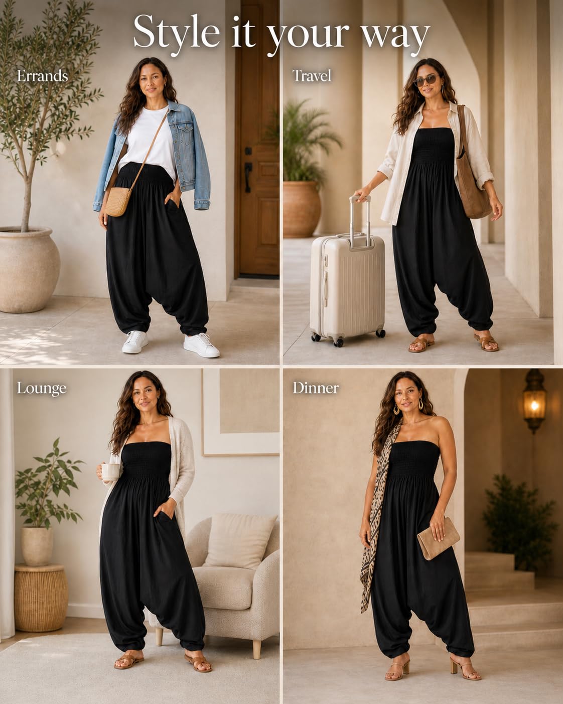 likemary Jumpsuit Damen Sommer – 2-in-1 Baumwoll Einteiler & Haremshose mit Taschen – Luftige Boho Pumphose, Schlupfhose für Urlaub & Alltag