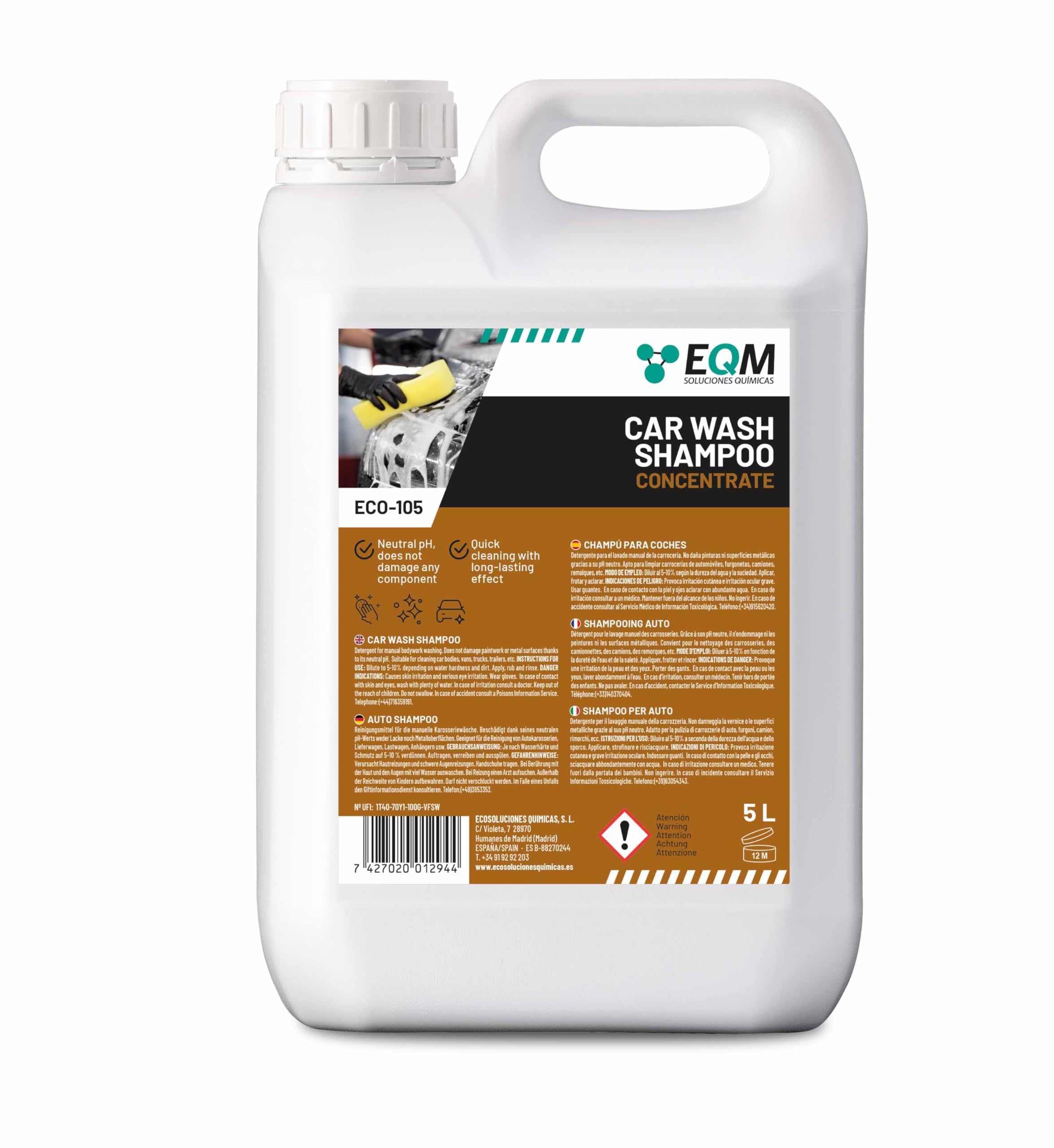 EQM - ECO-105 - Shampooing Concentré pour Voiture - 5L - Plus de 250 lavages - Nettoyage rapid et protection de peinture automobile grâce à son pH neutre