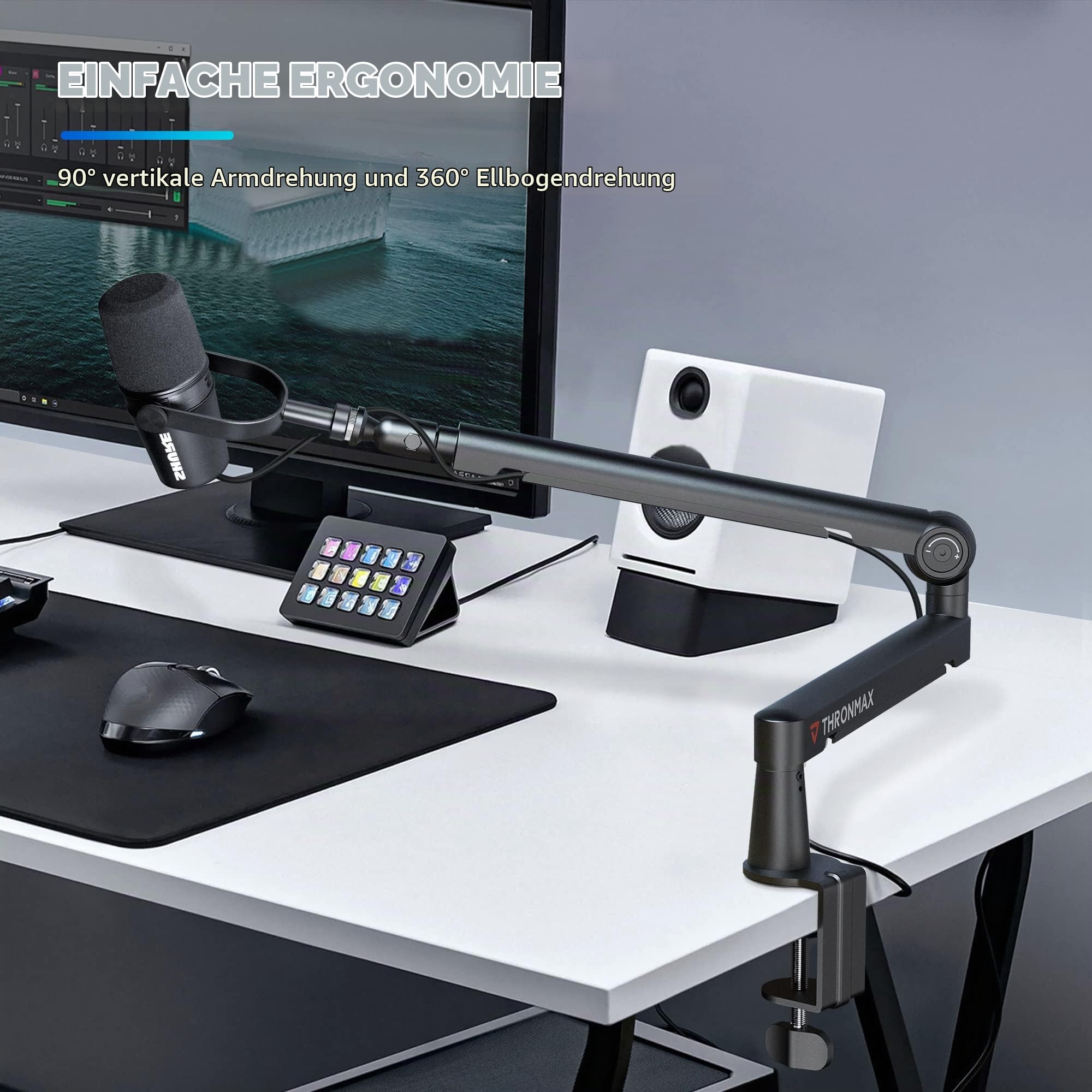 THRONMAX Twist S6 Mikrofonarm, Low-Profile-Mikrofonständer mit Kabelmanagement, Tischklemme, Vielseitige Montage, Ganzmetall und voll einstellbarer Mikrofonarm für Streaming, Gaming, Universal, Weiß