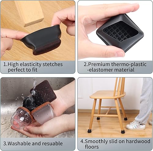 Vista 76 de Ezprotekt 24 protectores cuadrados de suelo para patas de silla con fieltro, fieltro de silicona F para suelos de madera dura, tapas de patas