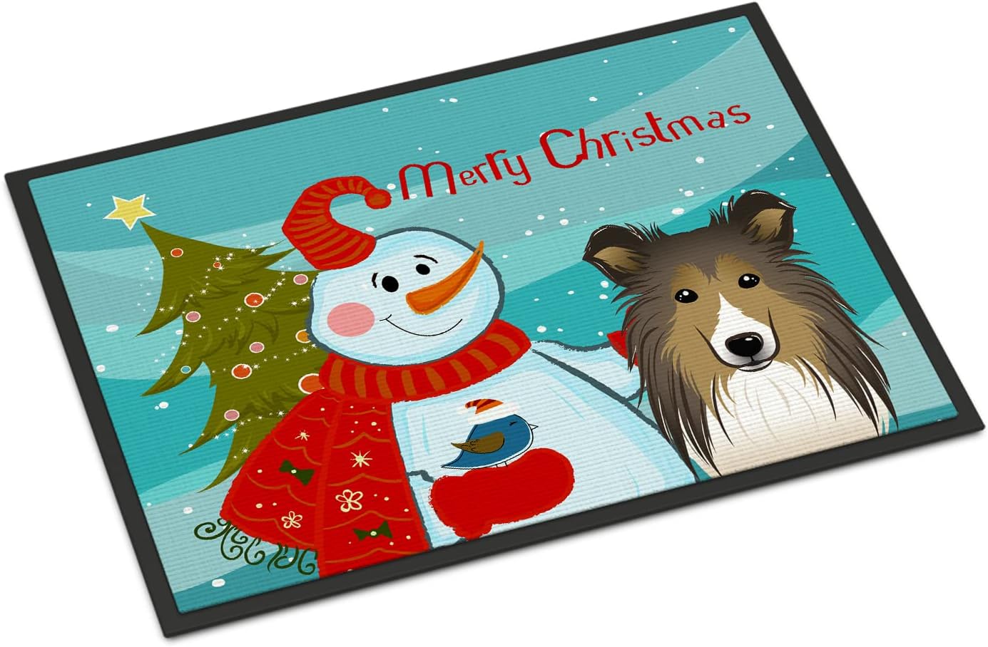 Caroline's Treasures BB1862JMAT Snowman with Sheltie Doormat 24x36 Front Door Mat Indoor Outdoor Rugs for Entryway, Non Slip Washable Low Pile, 24H X 36W