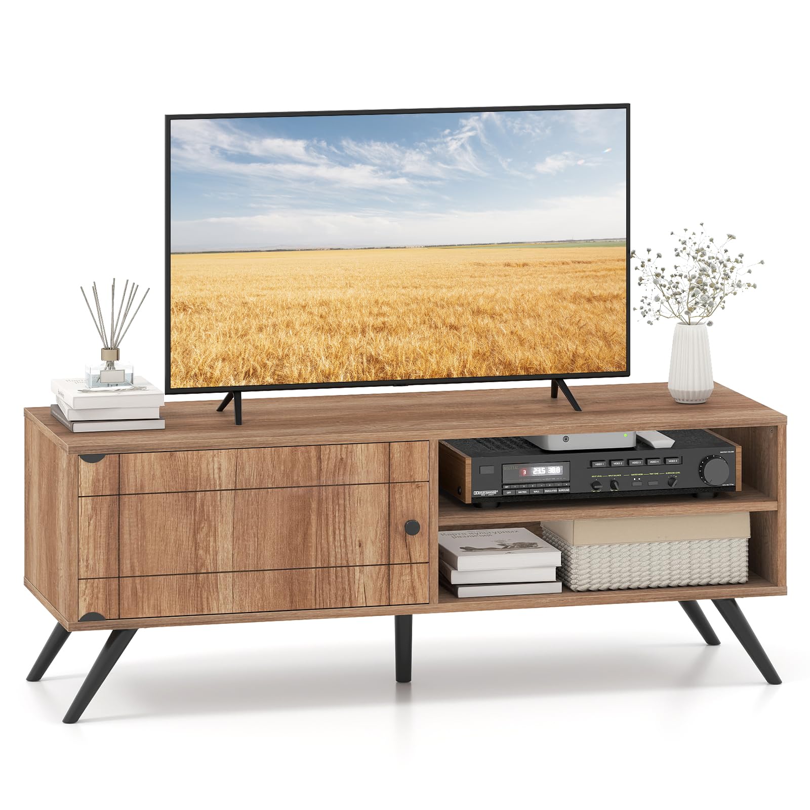 COSTWAY Mobile Porta TV in Legno, Fino a 55 Pollici, Mobile TV Soggiorno | Stand Videogiochi e DVD con 1 Anta, 2 Scomparti e Passacavi, per Camera da Letto, Soggiorno, 120 x 40 x 44,5 cm