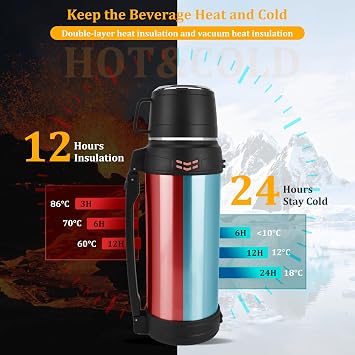 Flask for Hot Drinks, 2L Stainless Steel Vacuum Insulated Flask for Hot and Cold Drinks Coffee, Large Capacity Leakproof Hot Water Bottle with Telescopic Handle for Outdoor Travel Hiking Camping