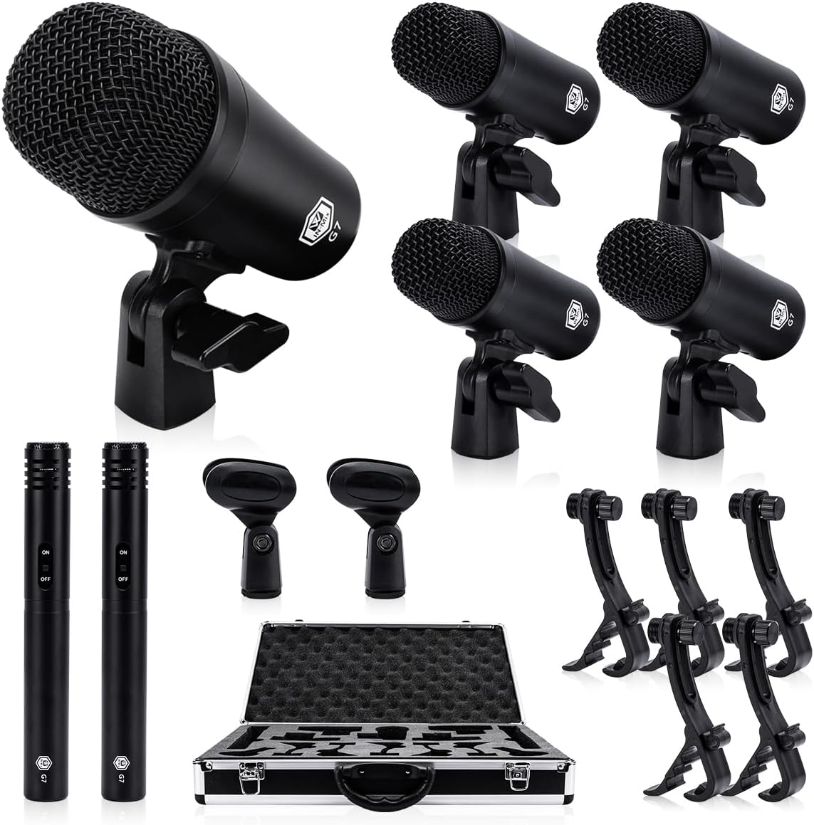 W IN-MIX G7 7-Piece Wired Dynamic Drum Mic Kit (Whole Metal)- Kick Bass, Tom/Snare & Cymbals Microphone Use for Drums, Vocal, Other Instrument Complete with Thread Clip, Mics Holder