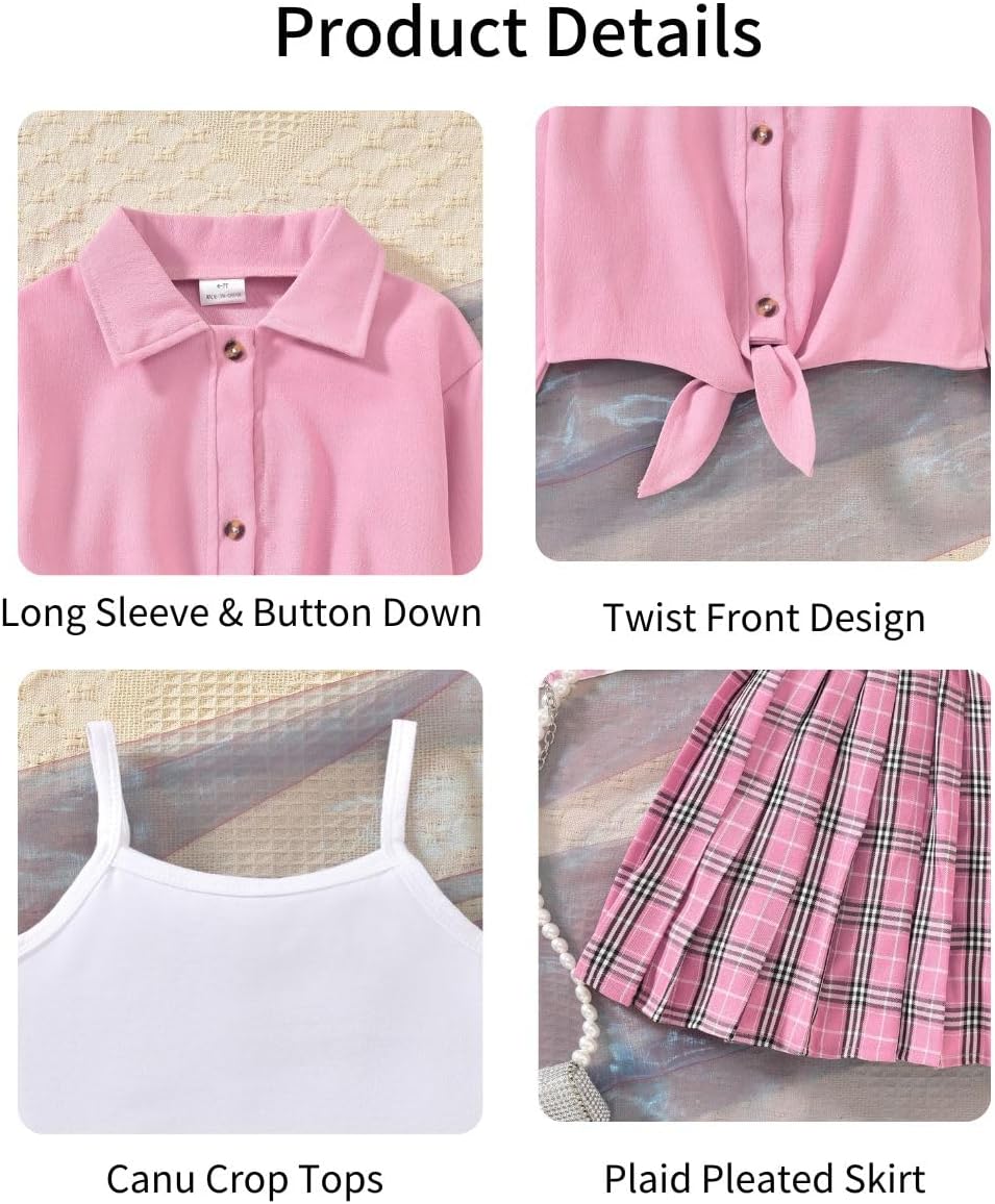 Girls 3 Piece Skirt Set Cami Crop Tops Pleated Skirt with Button Shirts Size 6-12 - Image 5