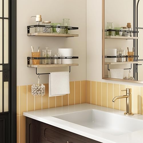 Miniatura 5 de YGEOMER Estantes flotantes para organizador de baño sobre el inodoro, estantes de baño montados en la pared con toallero, estante de pared para