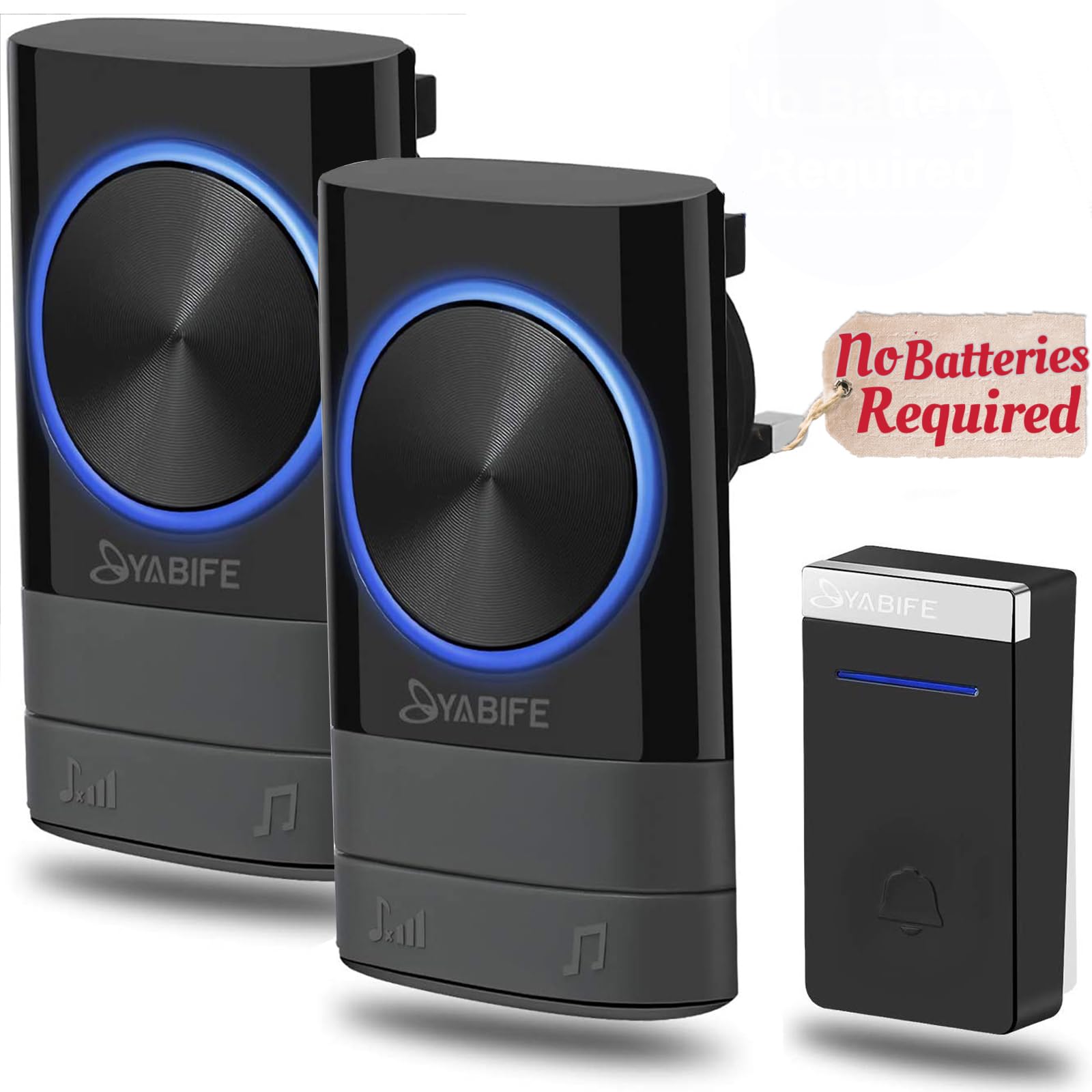 YABIFE Self-Powered Wireless Doorbell, Cordless Plug in Door Bells, IP44 Waterproof Door Chime Bell, 58 Ringtones, 0-110dB Loud 4 Levels Volume, 500-1003ft Range, No Battery Required Black