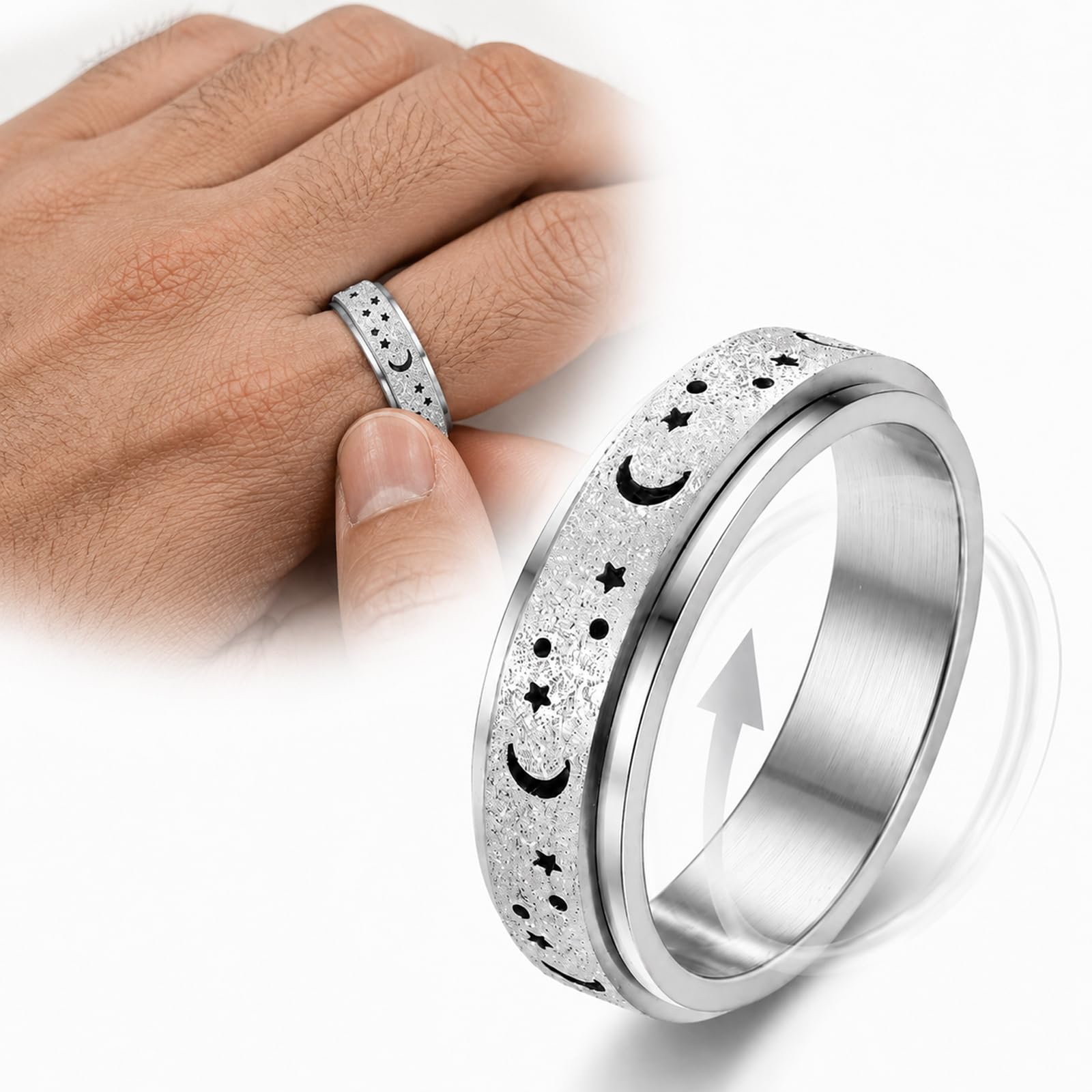 Stainless Steel Fidget Spinner Ring with Smooth Rotating Outer Bezel - Sandblasted Matte Moon Star Design, Quiet Tactile Focus Jewellery for Adults Women Men
