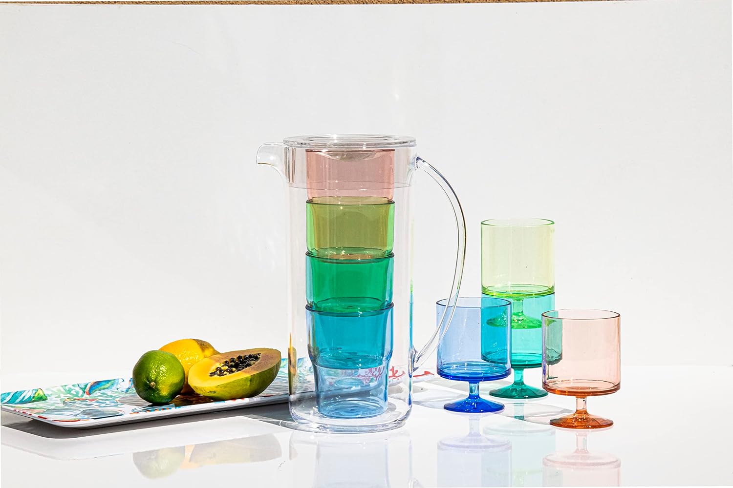 Abode Homewares Simple Durable Acrylic 91 oz Pitcher with Lid and 4 Assorted Color Acrylic Glasses for Outdoor Parties and Entertaining