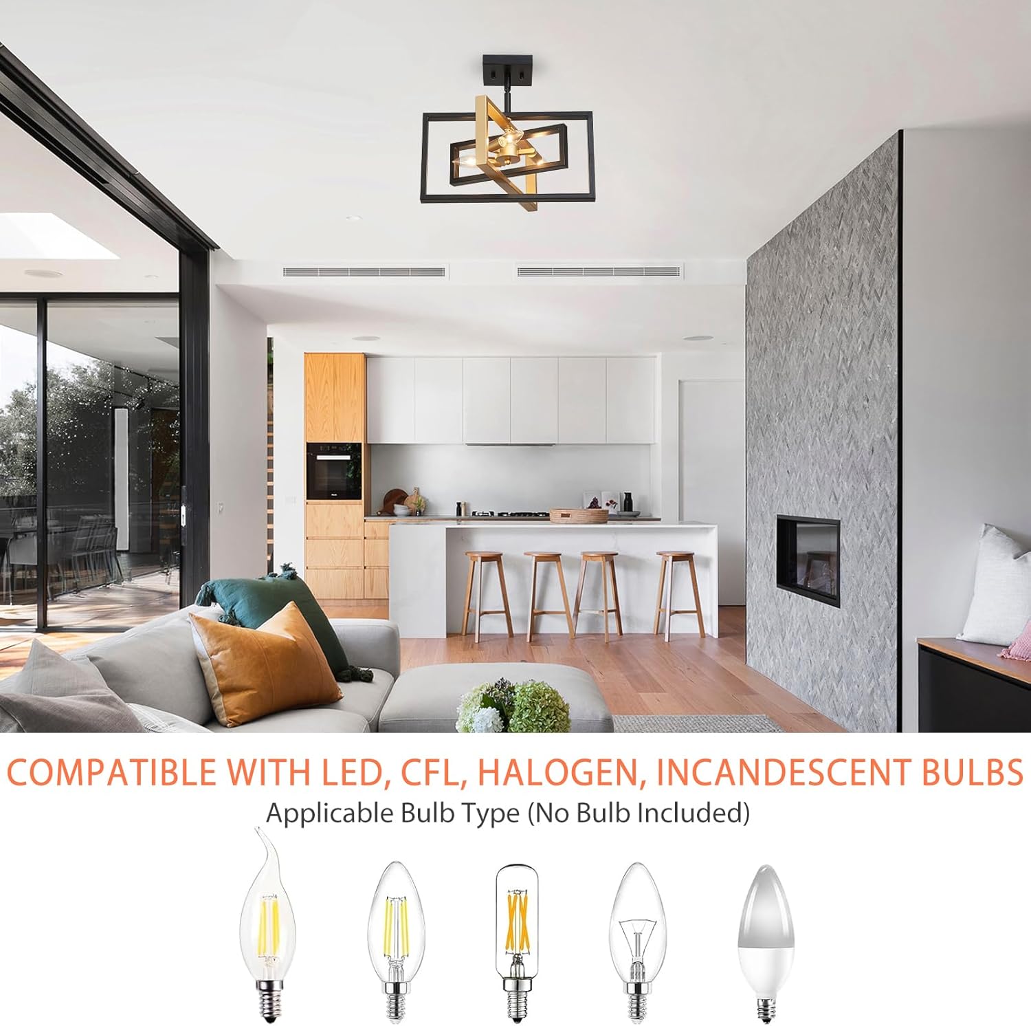 Modern Black and Gold Pendant Light Fixture 3 Lights Chandelier Semi Flush Mount Ceiling Lights for Dining Room Bedroom Living Room Kitchen Entry Foyer
