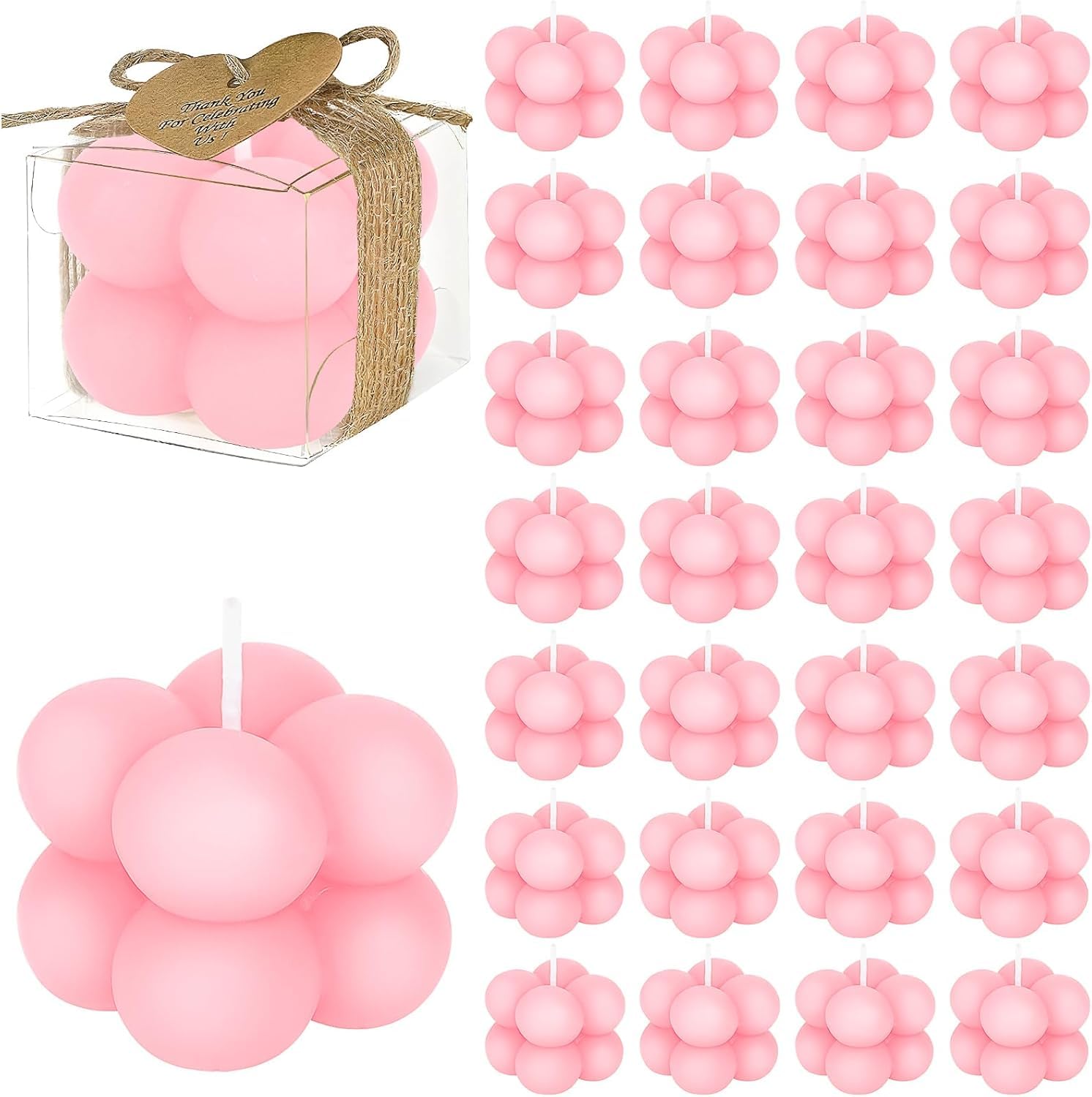 30 Sets Kleine Kerzen Gastgeschenke in Großpackung 1,57" x 1,38" Bubble Cube Kerze mit Karten für Brautpartys, Taufen, Dankeschön-Geschenke (Rosa)