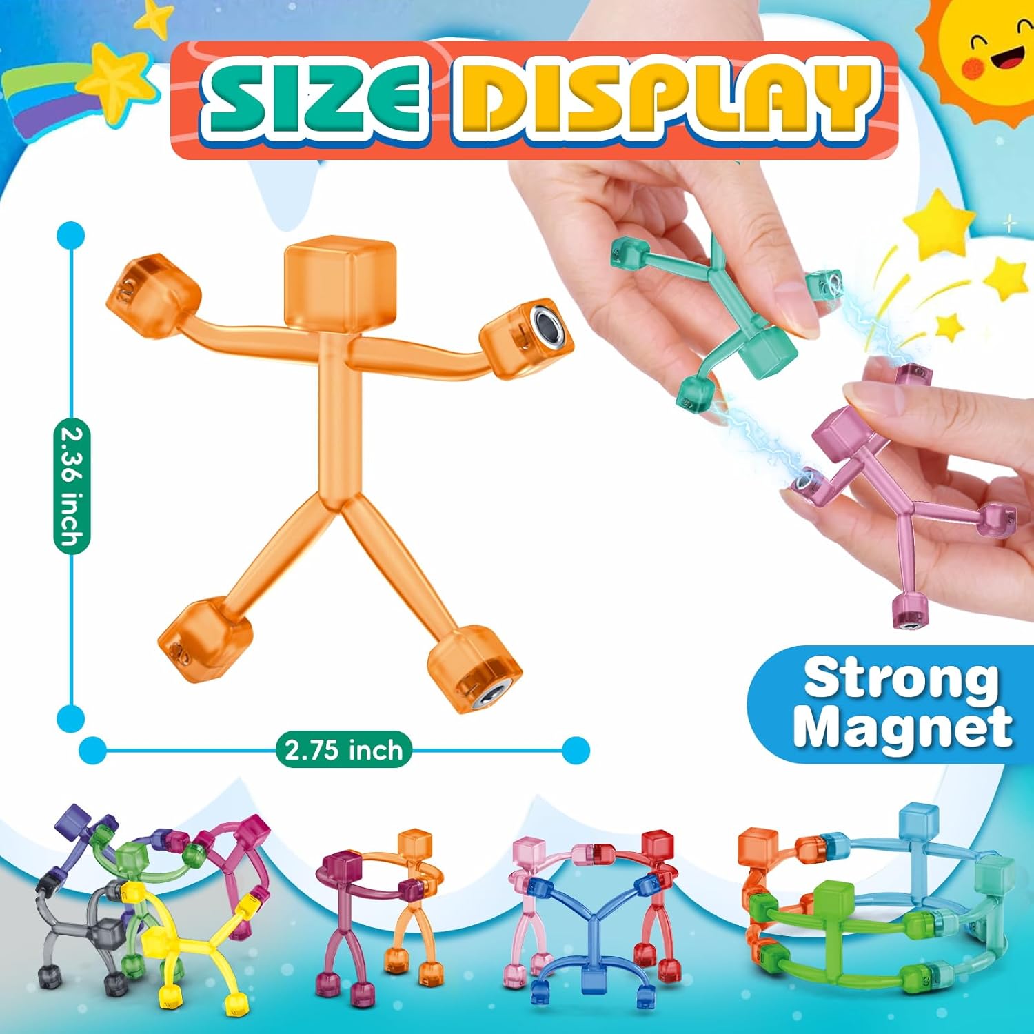 Pushmick 10-Pack Magnetic Men Fidget Toys, Travel Sensory Toys for Kids & ADHD Autism, STEM Learning Gifts for Stocking Stuffers.