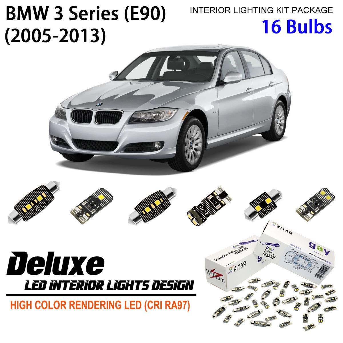 ZIYO LED Interior Light Kit Replacement for BMW E90 E91 E92 E93 3 Series 2005-2013, 6000K Xenon White LED Dome Light Bulbs Upgrade Error Free (BMW E90 Sedan (18 Bulbs))