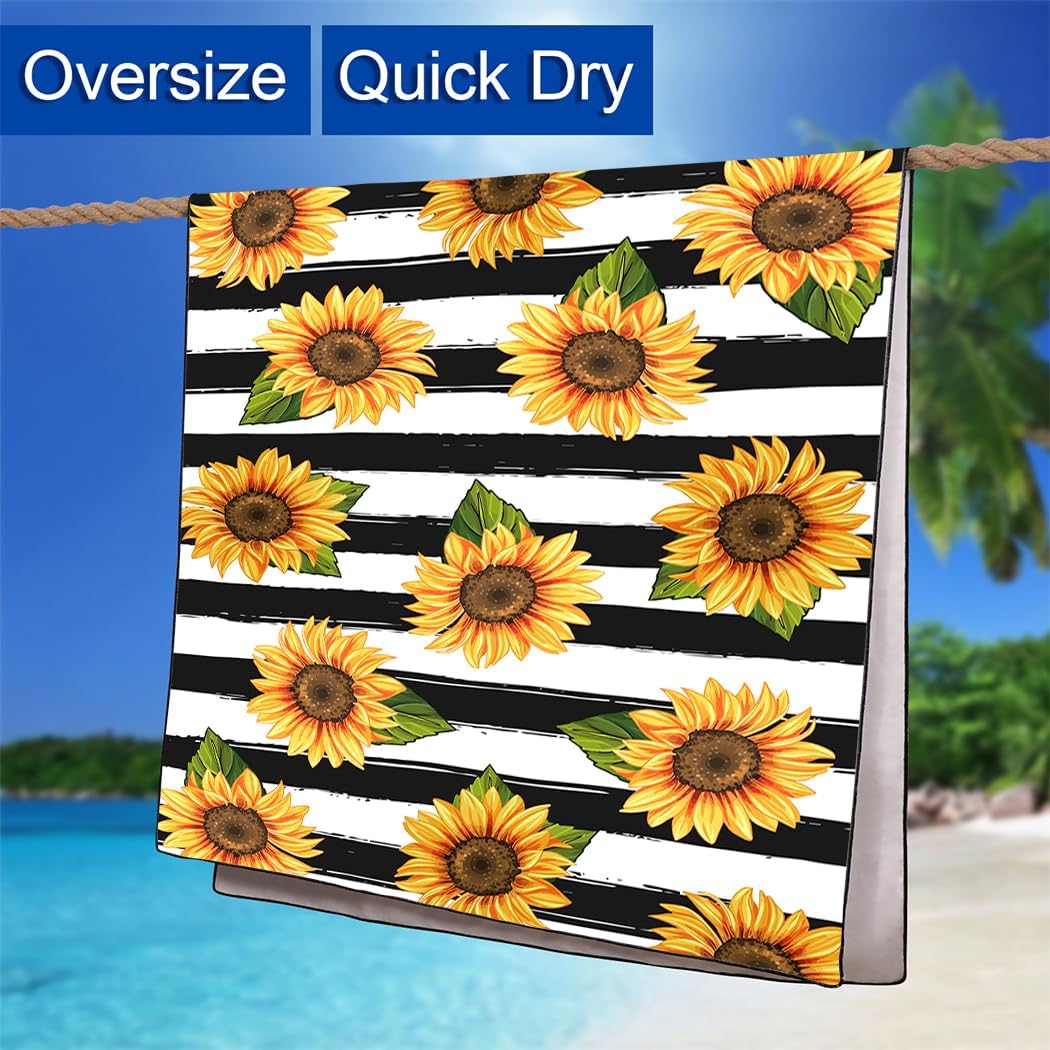 Sunflower Beach Towel Oversized 36"x72" Quick Dry Sand-Free, Black Bath Towels for Swim Pool Camping Travel - Image 2