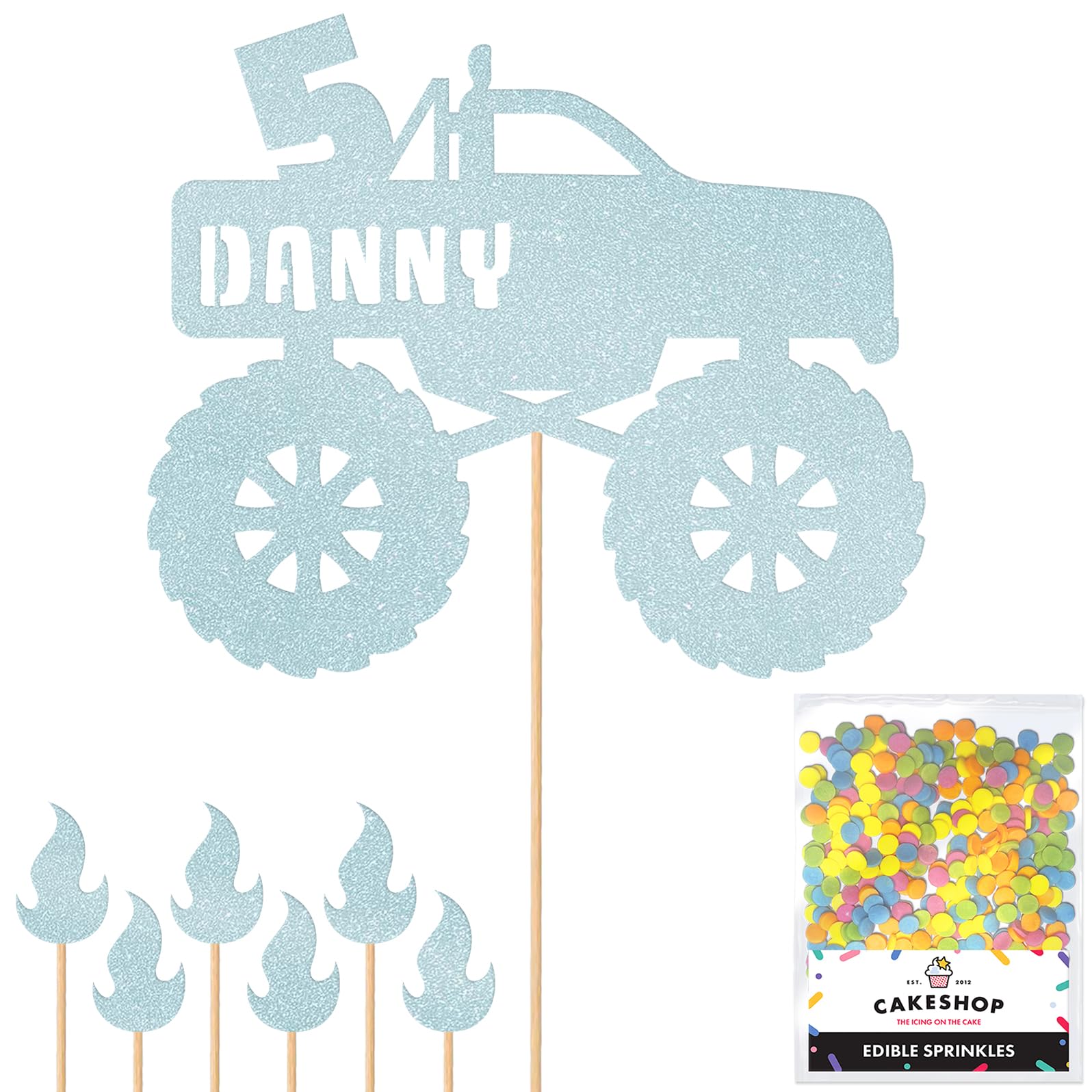 Personalised Monster Truck Glitter Cake Topper- Light Blue Any Custom Age & Name Glitter Cake Decoration and Sprinkles - Happy Birthday Decorations - Personalised Toppers for Cakes by Cakeshop โ image 1