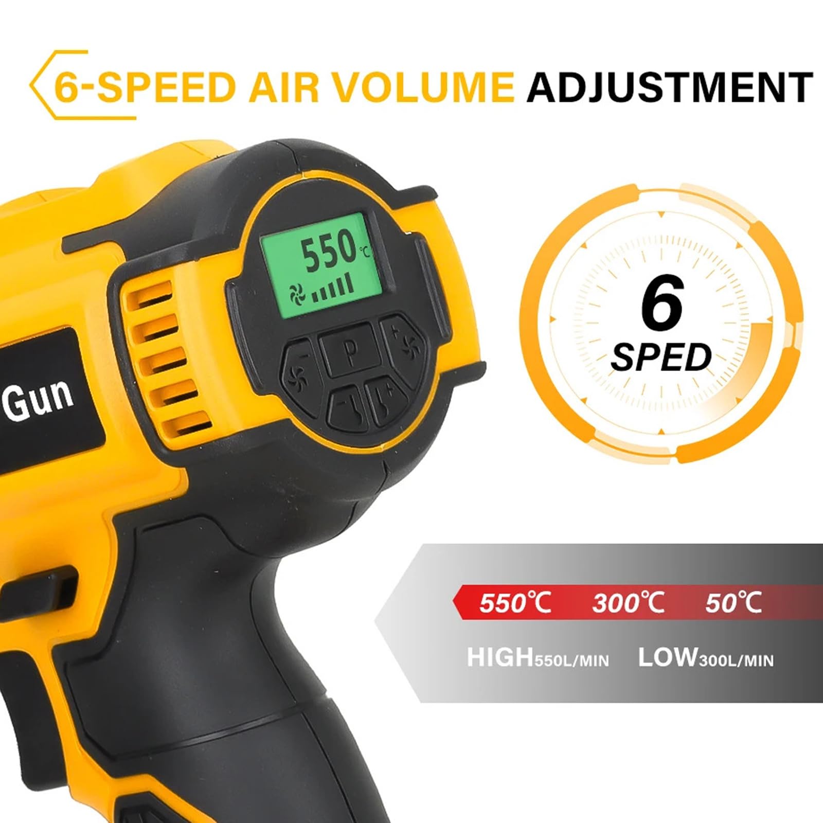 Pistola de calor inalámbrica con 3 boquillas, control de volumen de aire de 6 velocidades, temperatura ajustable de 50 a 500 °C, calentamiento rápido para profesionales y proyectos de bricolaje