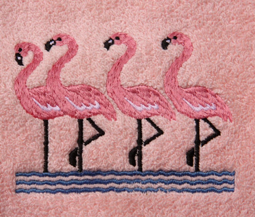 Bath Towel Set with Embroidered Group of Flamingos - Beige