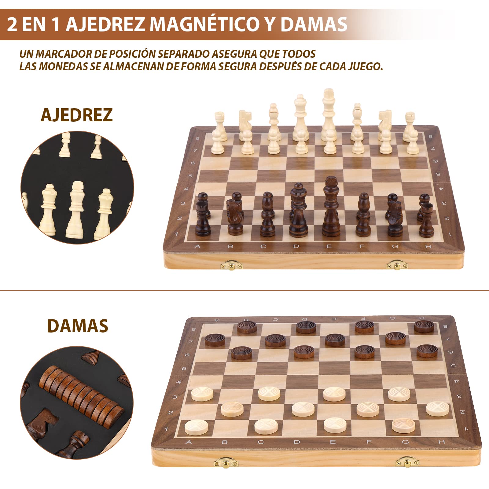 Peradix 2 en 1 Ajedrez Magnético y Damas, Ajedrez Madera 38 X 38CM, con 2 Reinas Extra, Plegable y Fácil de Llevar, Regalos Ideales y Juegos del Aire Libre