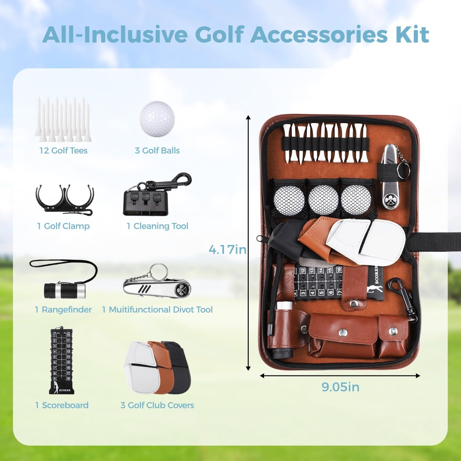 Zestaw akcesoriów golfowych, przenośna torba PU z piłkami golfowymi, pokrowce na kije golfowe, koszulki golfowe, zacisk piłki golfowej, dalmierz, szczotka, wielofunkcyjne narzędzie Divot