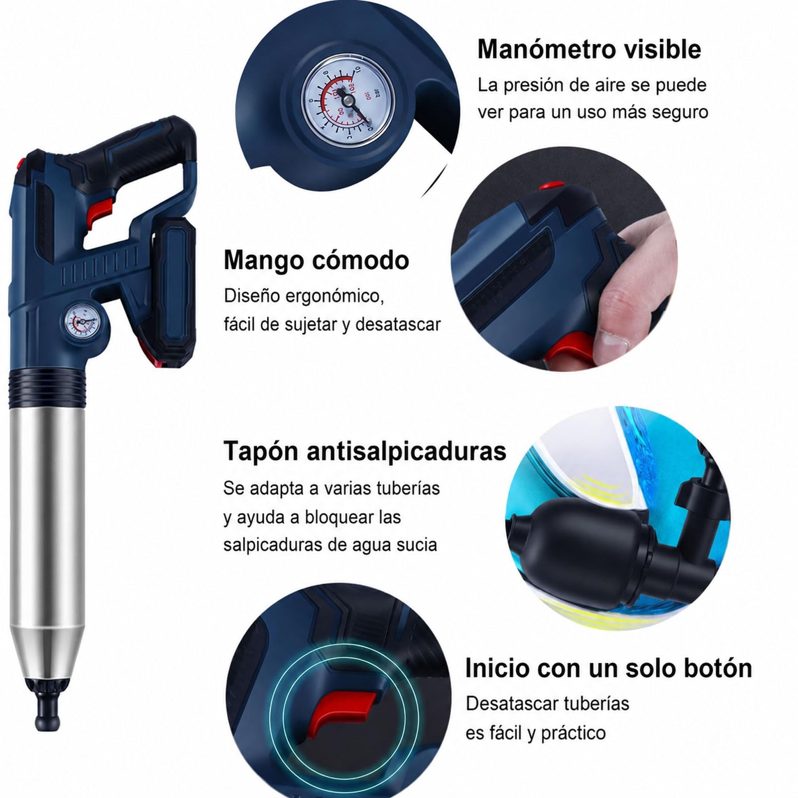 Pistola de émbolo de inodoro de mano, equipo de dragado de tuberías de 10 bar con juego de herramientas, limpiador de tuberías inalámbrico de alta presión con 2 baterías, para inodoro, fregadero