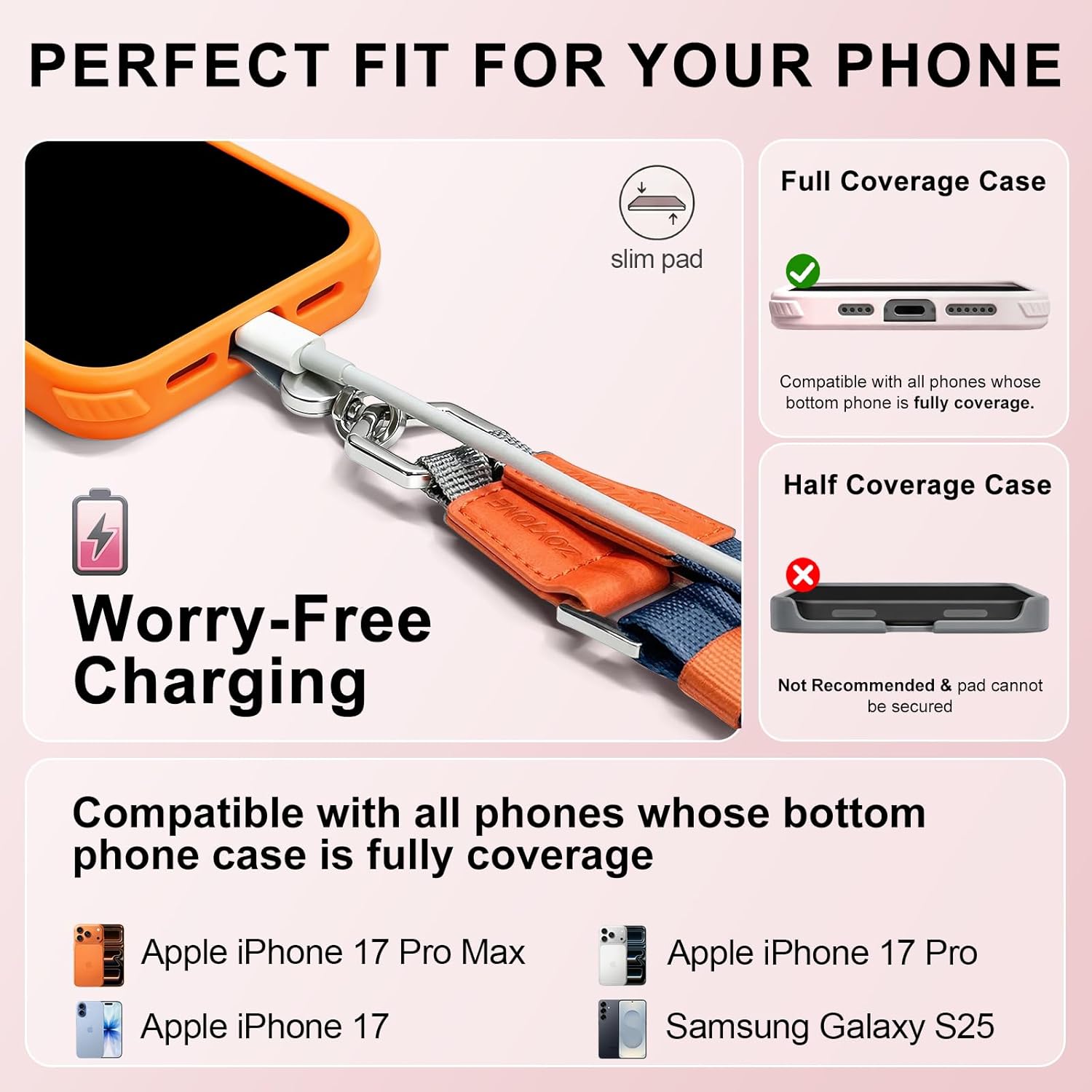 Phone Lanyard Crossbody with 2 Phone Tabs, Adjustable Anti Theft Phone Strap for iPhone & Android, Universal Skin-Friendly Cell Phone Neck Lanyard for Travel Hiking Cycling Shopping (Blue)
