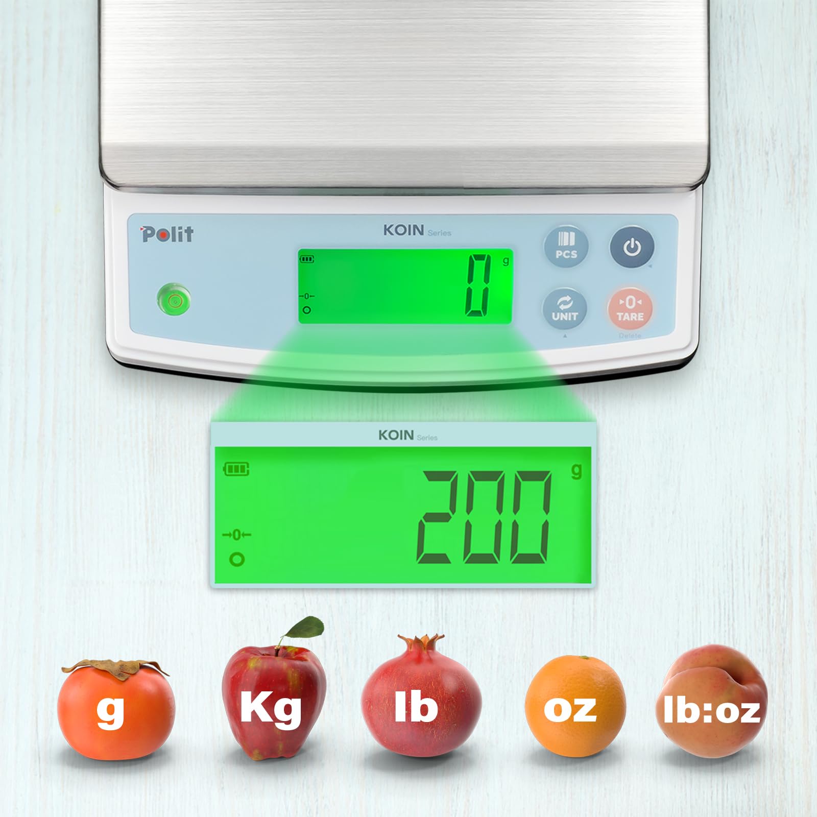 Polit KOIN Digitale Küchen- & Paketwaage 18 kg, wiederaufladbar, 1 g genau | Abnehmbare Edelstahlschale, Dreifarbige Anzeige, Tara-Funktion, 5 Wiegeeinheiten, Für Backen, Marktstand & Gewerbe