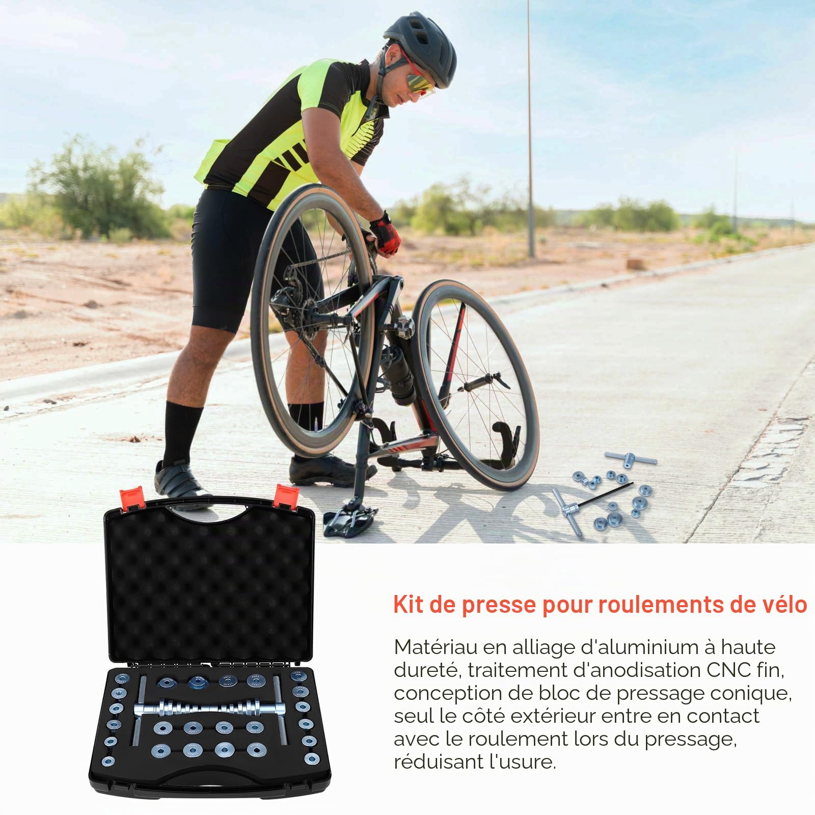 Kit De Presse À Roulement De Vélo,Ensembles D'Outils De Roulement De Vélo,avec Boîte De Rangement,en Alliage D'Aluminium,Extracteur Roulement pour Vélo