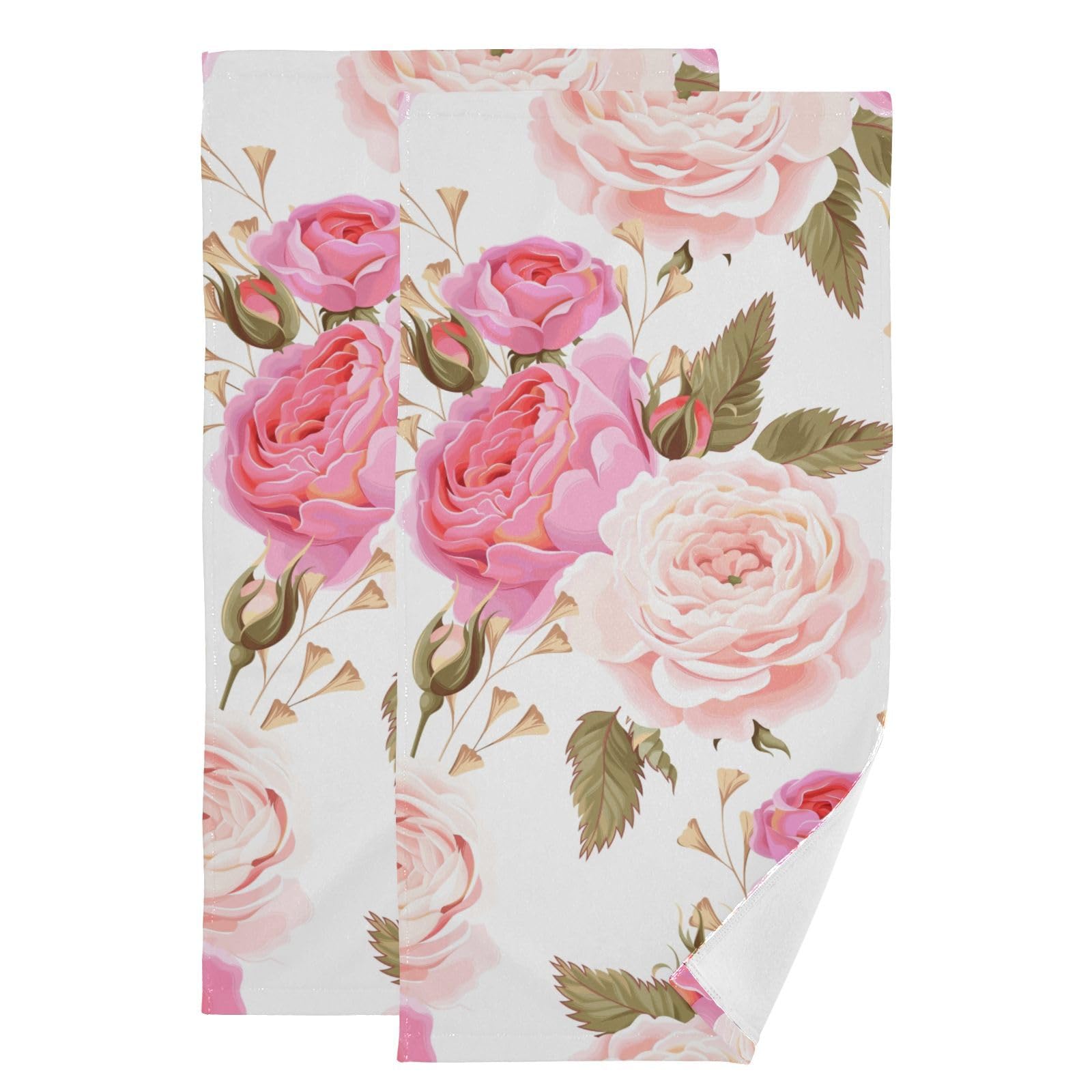 Flower Hand Towels for Bathroom Set of 2, 14" x 28" Pink Blossom Floral with Green Leaves Bath Towels Soft Absorbent Decorative Fingertip Towels Home
