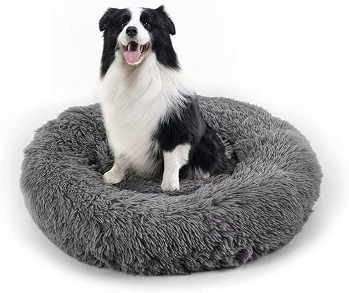 Miniatura 19 de Cama para perros, cama calmante para gatos, cama de felpa de piel sintética con forma de rosquilla para mascotas, cama redonda para perros y gatos