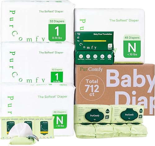 PurComfy Baby Diapers Essential Kit, Size N (96Ct) & Size 1 Diapers (104Ct), 6 Water Wipes (360Ct), 4 Travel Wipes (32Ct) and 2 Dry Wipes(120Ct), Baby Essentials Kit for Sensitive Skin, Total 712 Ct