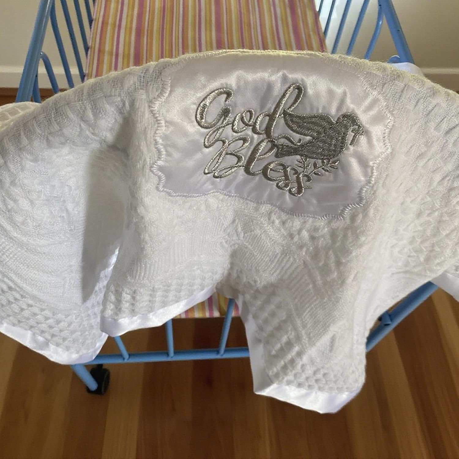 Baptism Blanket Easter Baby Shower Christening Gifts for Boys Girls White Knit Crochet Soft Embroidered Neutral Baby Blanket with Satin Trim
