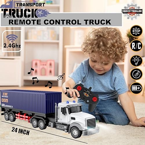 Miniatura 2 de Semirremolque de control remoto con remolque, de 24 pulgadas, camión de juguete para niños, contenedor 124 con luces LED y música, gran regalo para