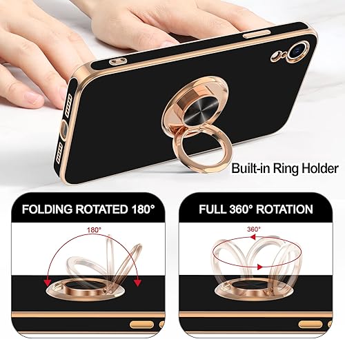 Miniatura 4 de Hython Funda para iPhone XR con soporte de anillo soporte de anillo giratorio de 360 con soporte magnético chapado en oro rosa brillante borde suave