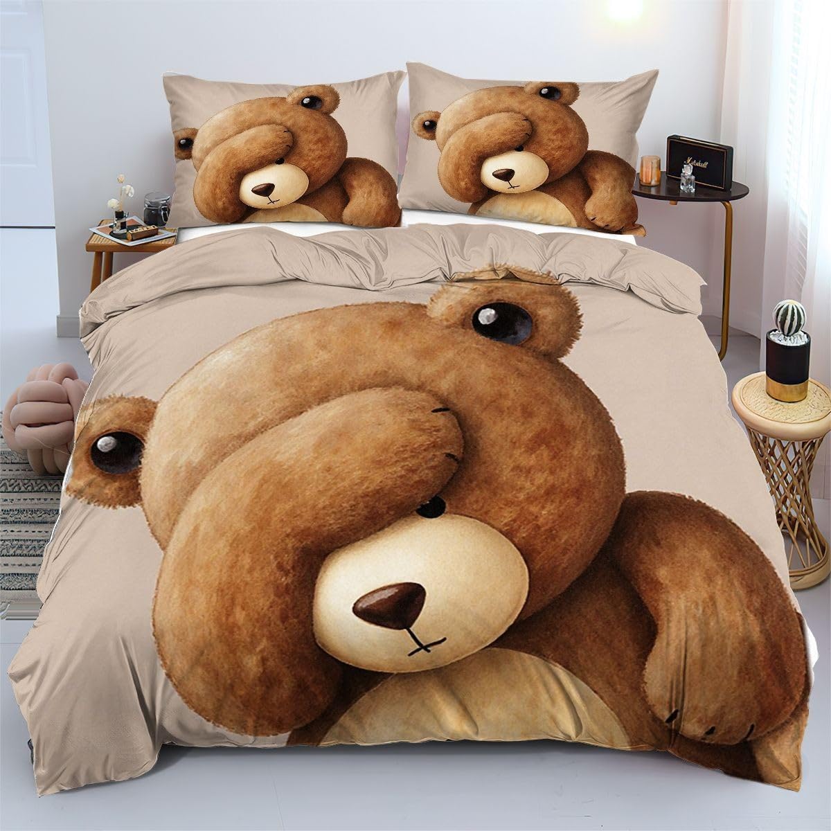 Housse de couette 90x190 cm ours brun en microfibre pour lit enfant