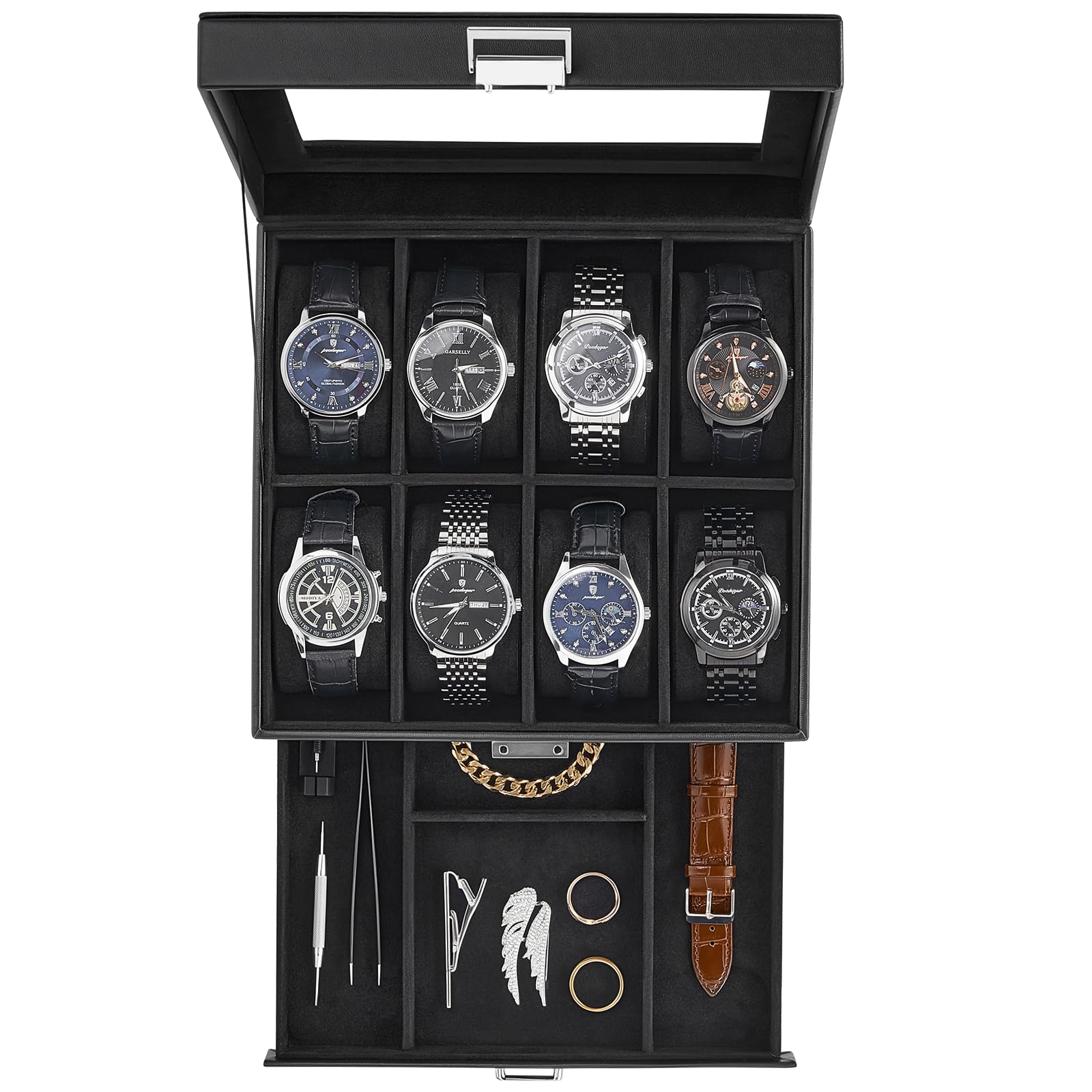 Estuche para relojes , organizador de 8 ranuras para relojes de hombre con tapa de cristal, vitrina de 2 capas para relojes, joyero para hombre con cajón, regalos de cumpleaños y San Valentín