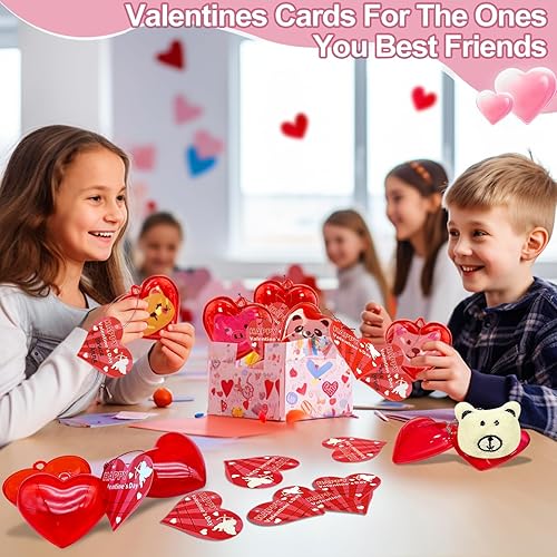 Miniatura 5 de Caja de regalo de corazón llena Paquete de 28 regalos para el día de San Valentín para niños con peluches de animales de peluche, llaveros, tarjetas