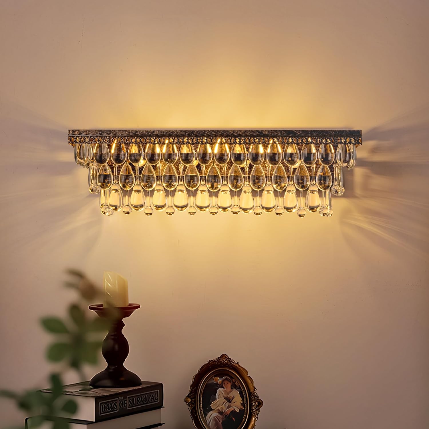 Wellmet Bathroom Vanity Light Fixtures Over Mirror 4 Lights Antique Bronze Crystal Bathroom Wall Light Fixtures Dimmable, Farmhouse Vintage Sconces for Mirror Cabinets, Powder Room, Bedroom, 24” L