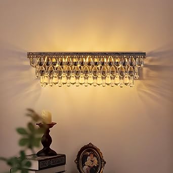 Wellmet Bathroom Vanity Light Fixtures Over Mirror 4 Lights Antique Bronze Crystal Bathroom Wall Light Fixtures Dimmable, Farmhouse Vintage Sconces for Mirror Cabinets, Powder Room, Bedroom, 24 L
