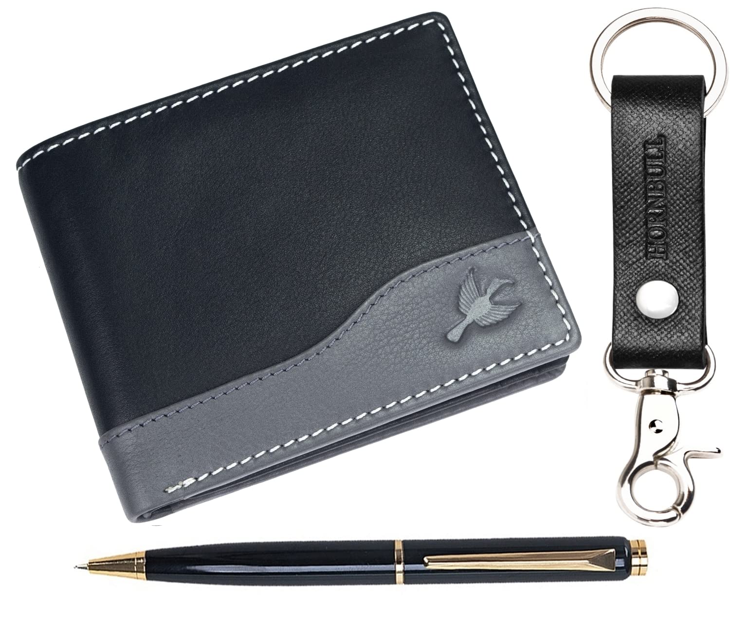 HORNBULL Black Buttler Mens Leather Wallet, Keyring & Pen Combo Gift Set for Men | Gift Set for Men
