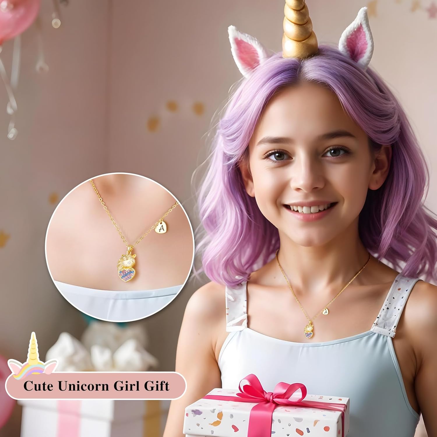 Women 3D Initial Unicorn Necklace, Heart Necklaces, Birthday Christmas Gift - Image 2