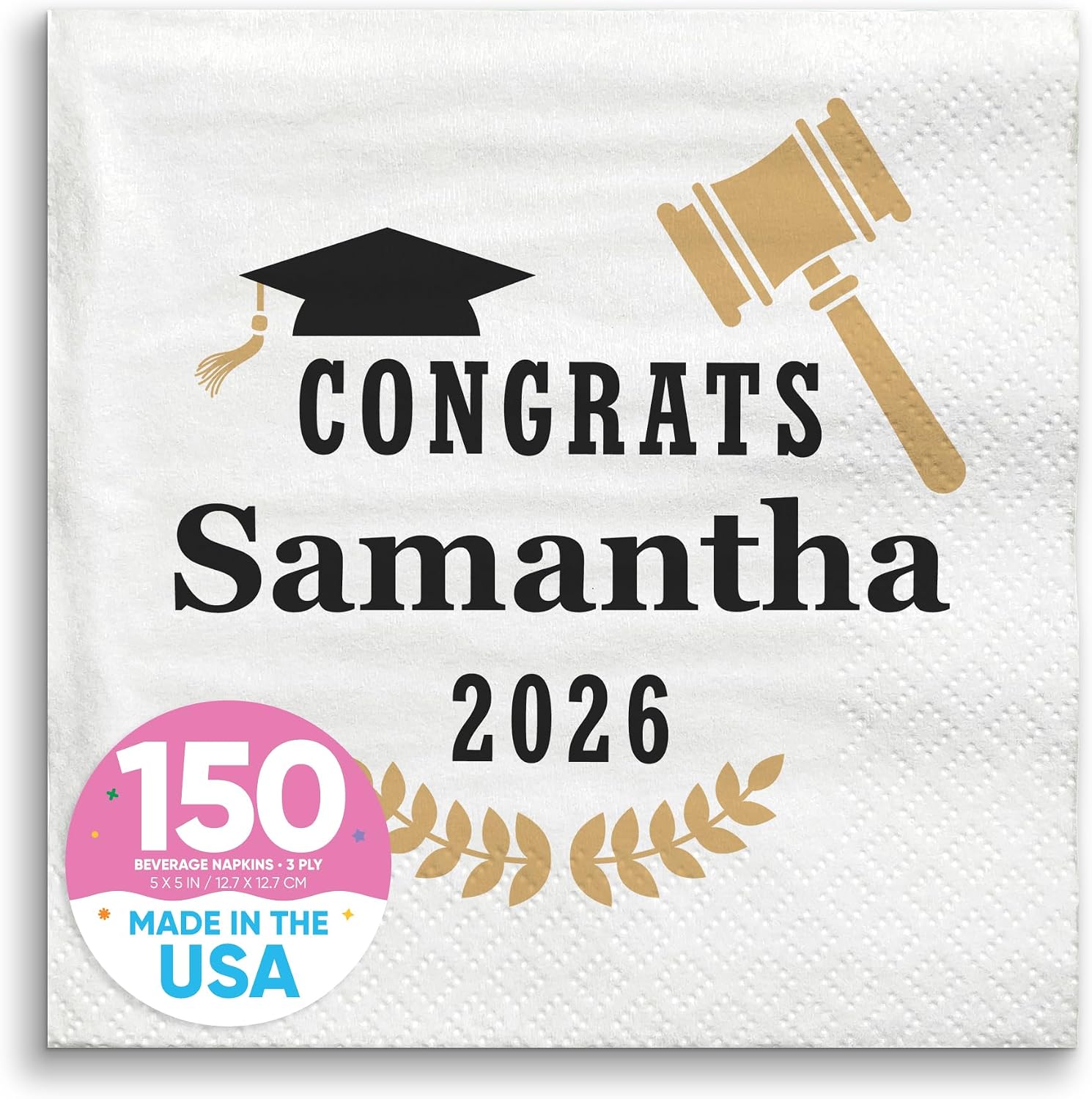 Big Dot of Happiness Personalized Law School Graduation Party Napkins, Vibrant Color Printing on White 3-Ply Paper, Custom Future Lawyer Grad Beverage Napkins - 150 Count