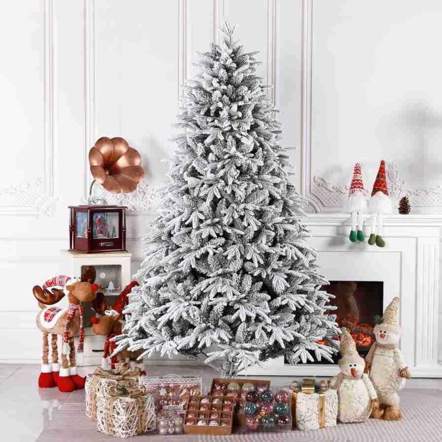 TAPITHeavy Snow Flocked Christmas Tree, Artificial Hinged Pine Tree with Metal Stand and Dense Snow Branches, Frosted Christmas Holiday Tree Decoration for Home, Office, Party (6.9ft/210cm)