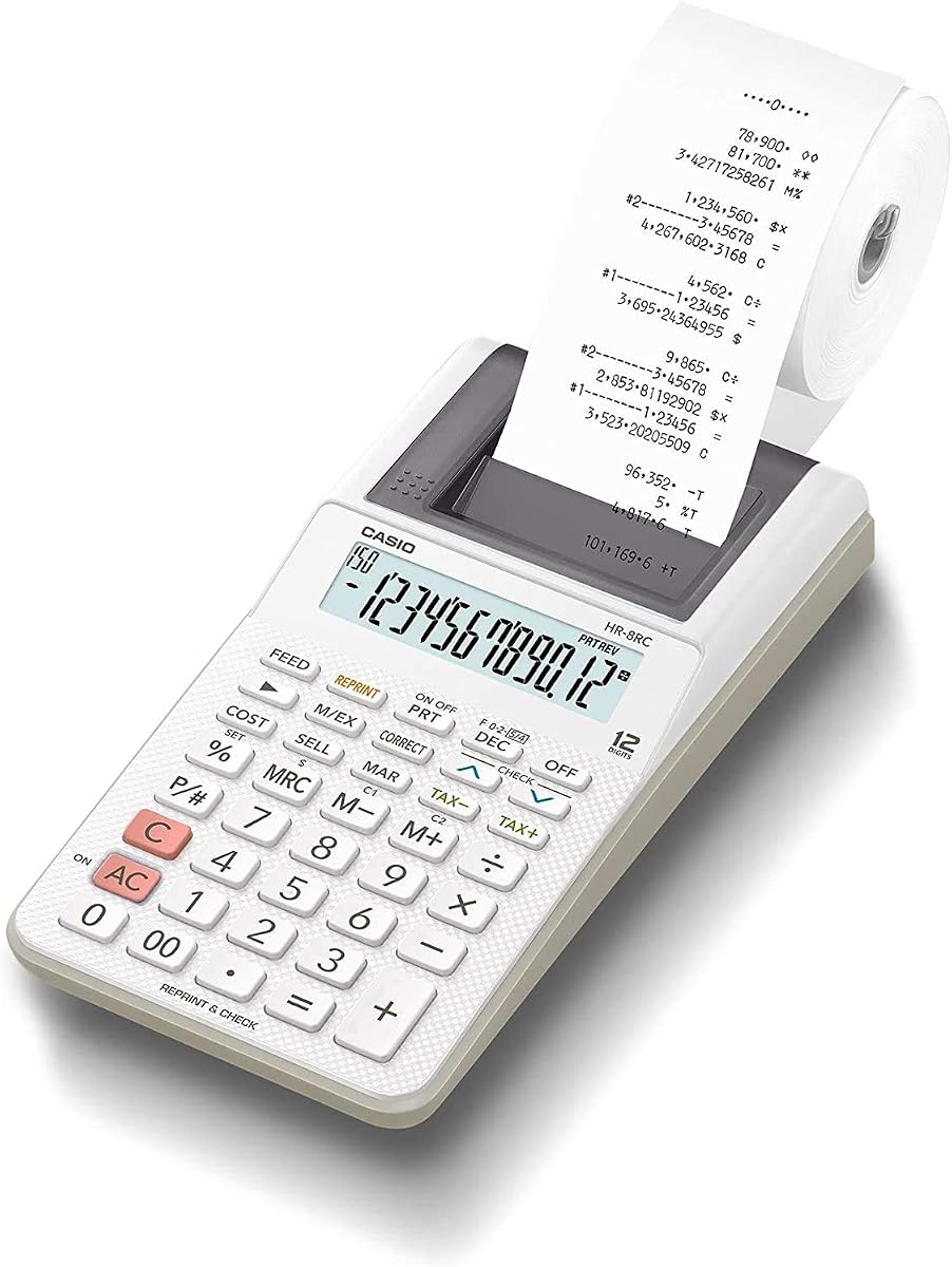 HR-8RC-WE Printer Calculator, Handy Type, 12 Digits,White
