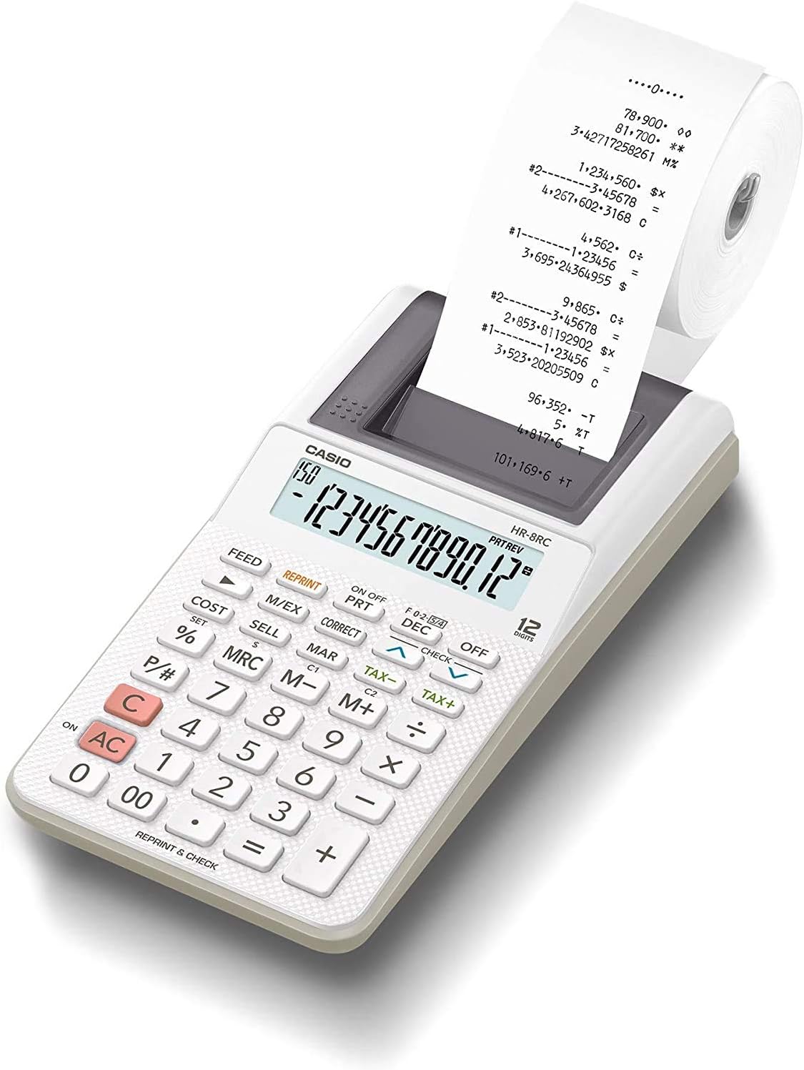 CASIO HR-8RC-WE Printer Calculator, Handy Type, 12 Digits,White